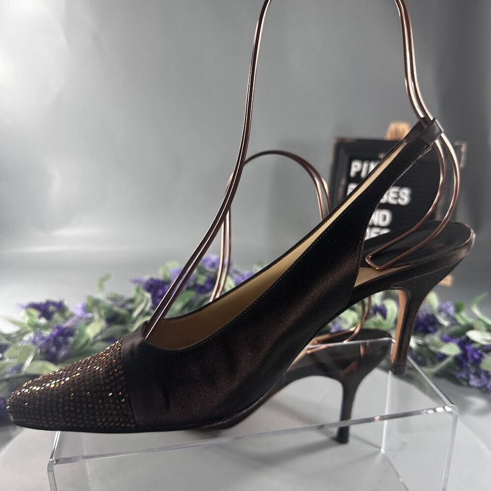 Pancaldi Sling Back Heels Womens Satin Pointed Toe Rhinestones Pumps Shoes - Picture 3 of 16